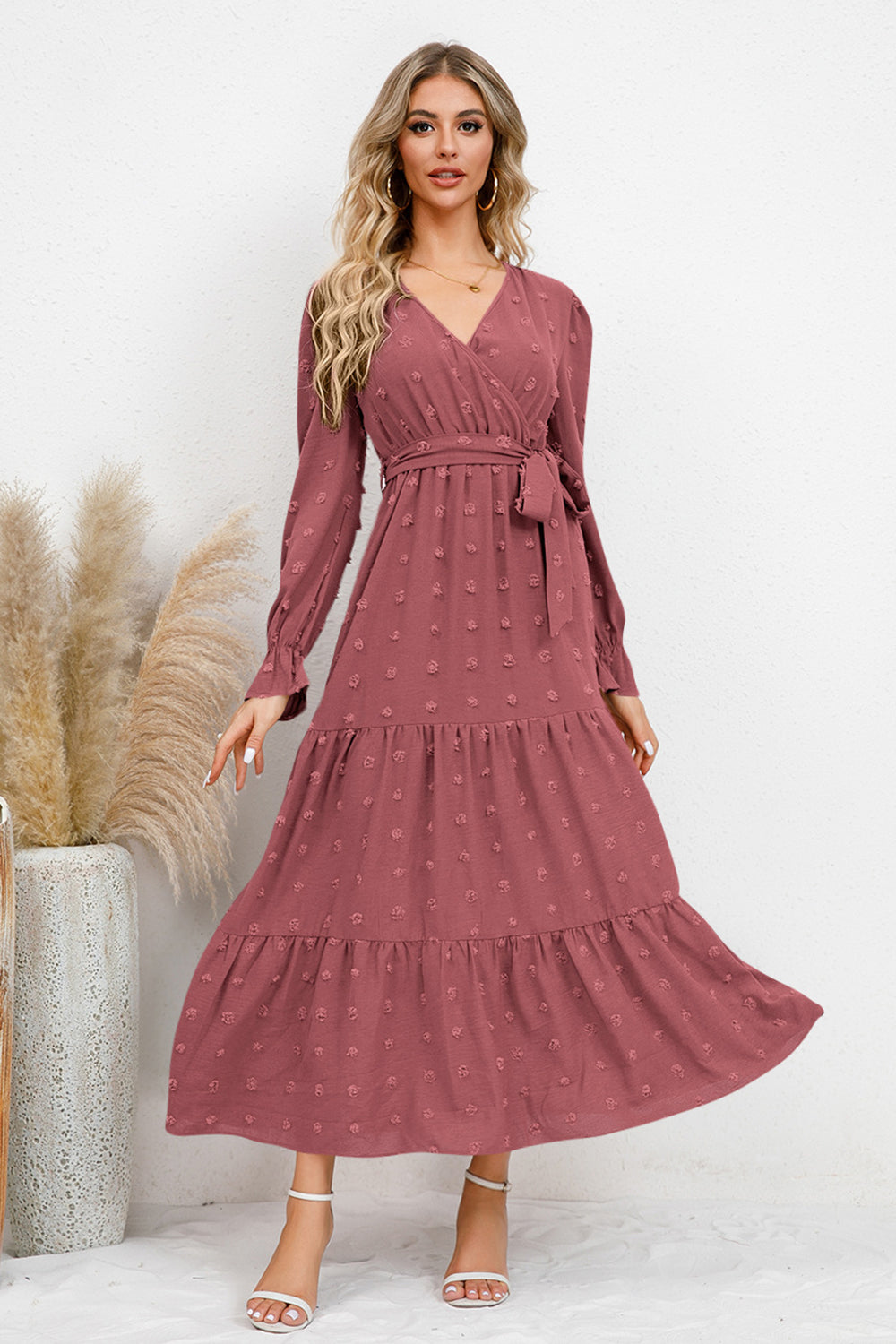 Swiss Dot Tied Surplice Flounce Sleeve Dress