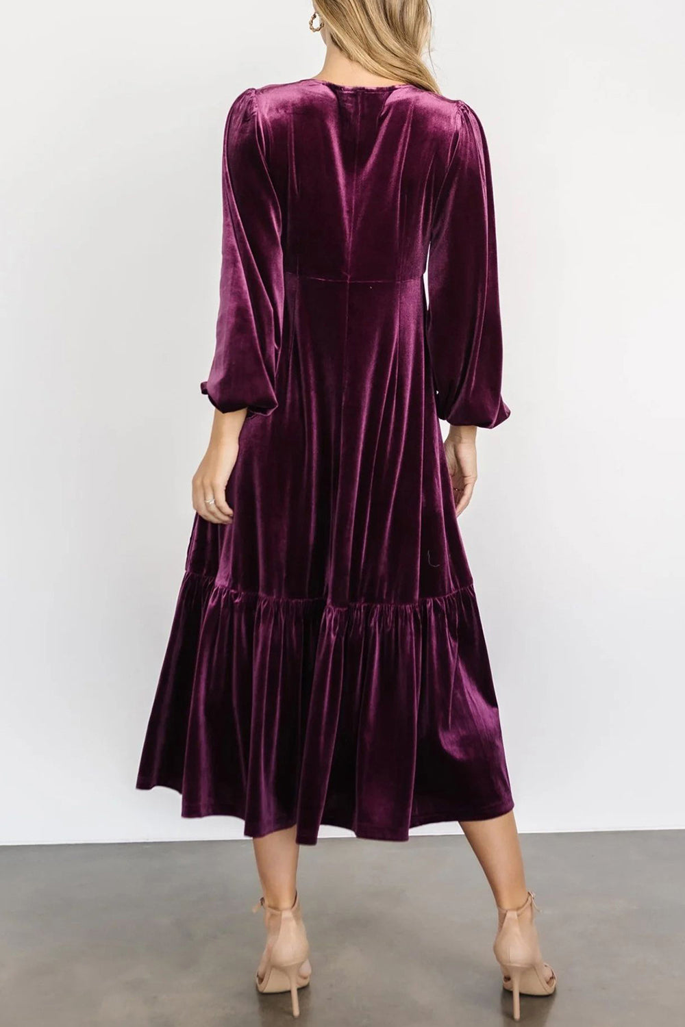 V-Neck Long Sleeve Midi Velvet Dress