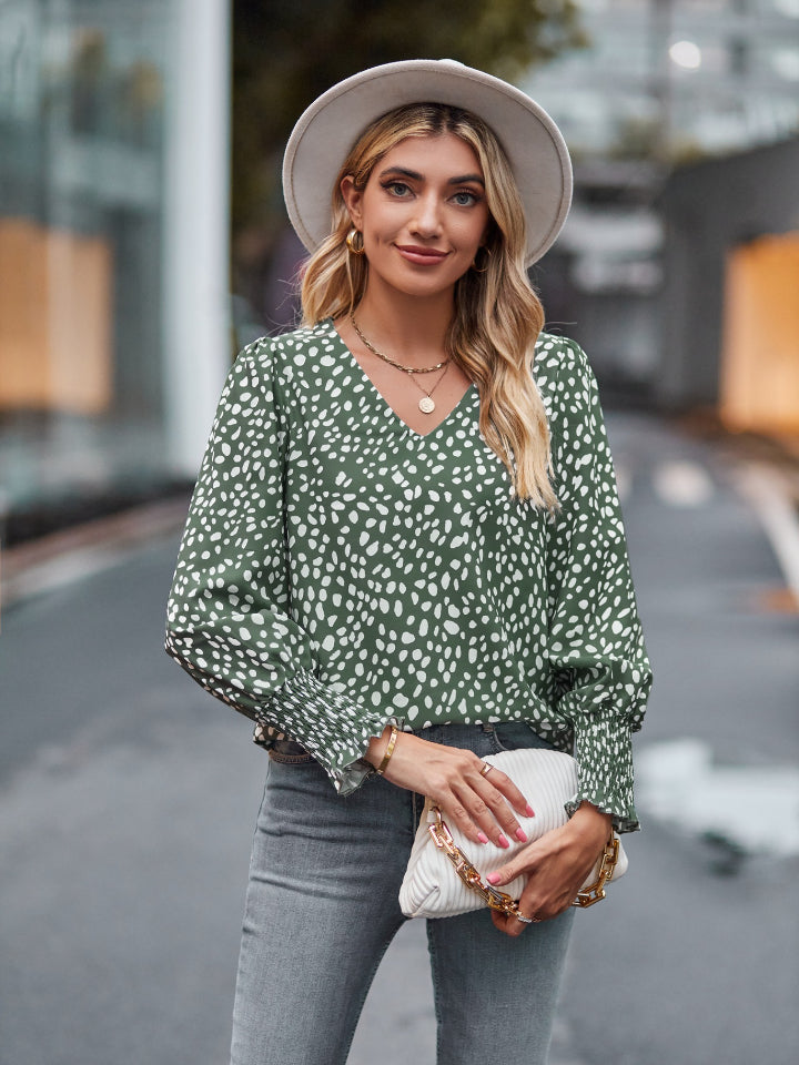 Printed V-Neck Lantern Sleeve Blouse