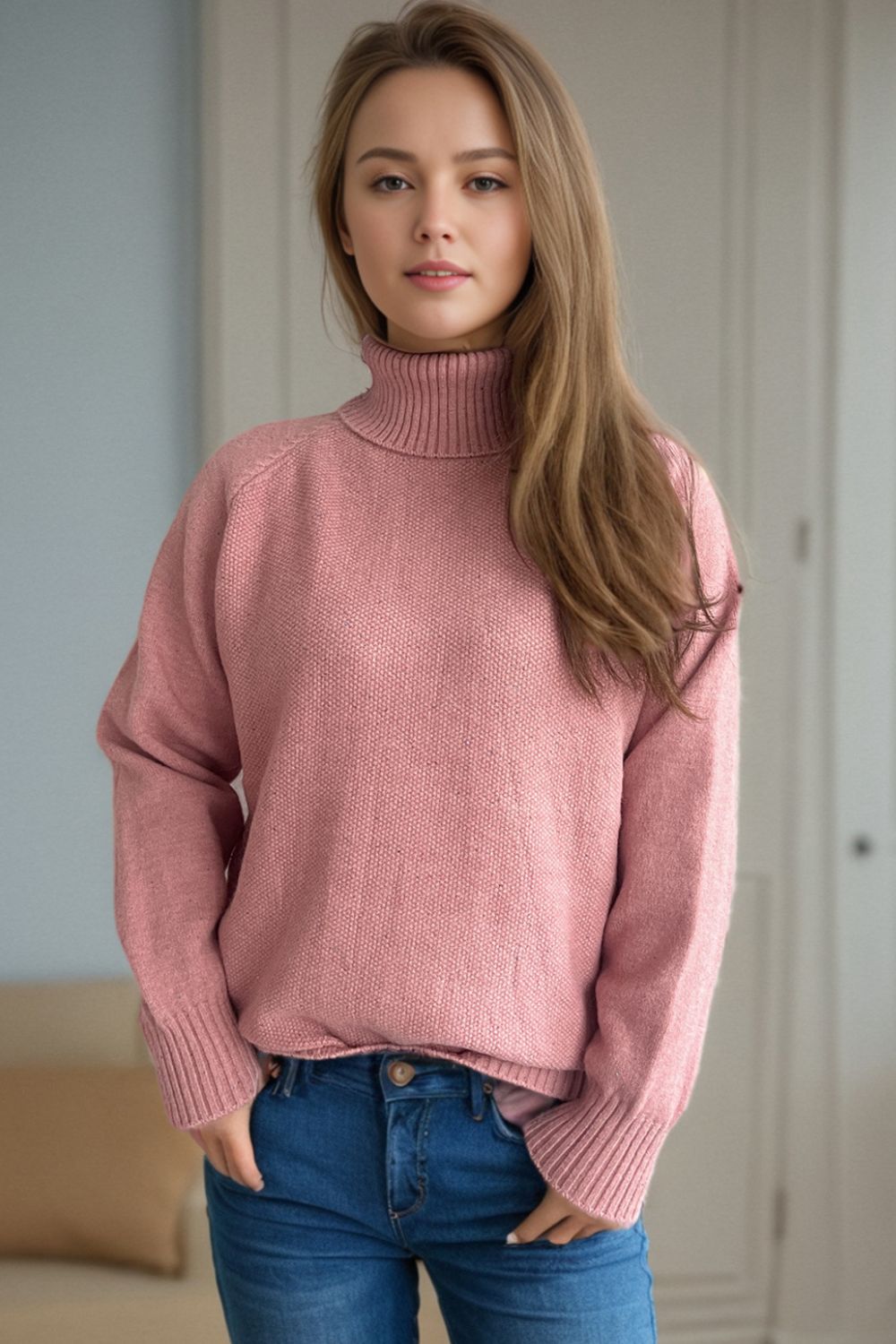 Ribbed Turtleneck Raglan Sleeve Sweater