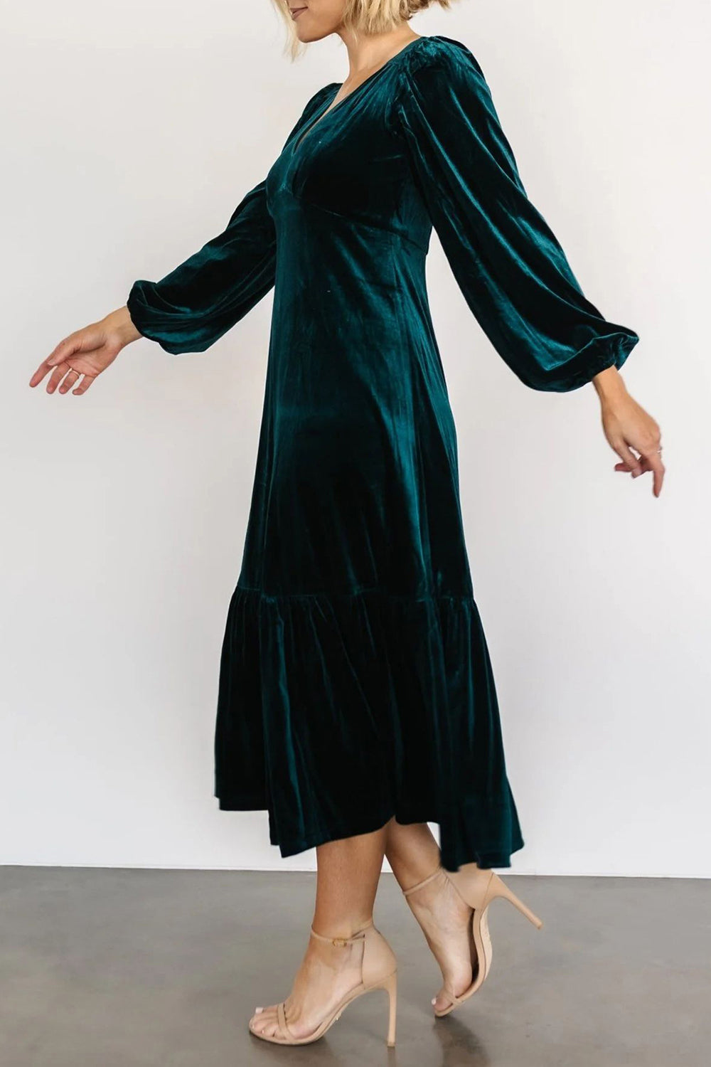 V-Neck Long Sleeve Midi Velvet Dress