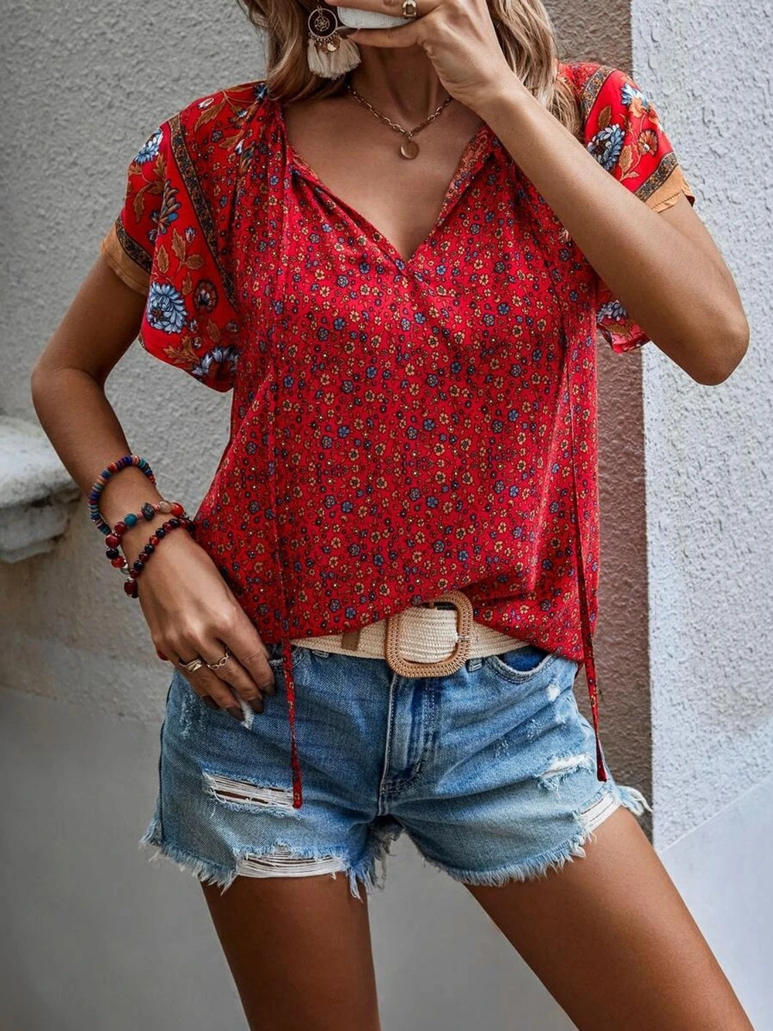 Printed Tie Neck Short Sleeve Blouse