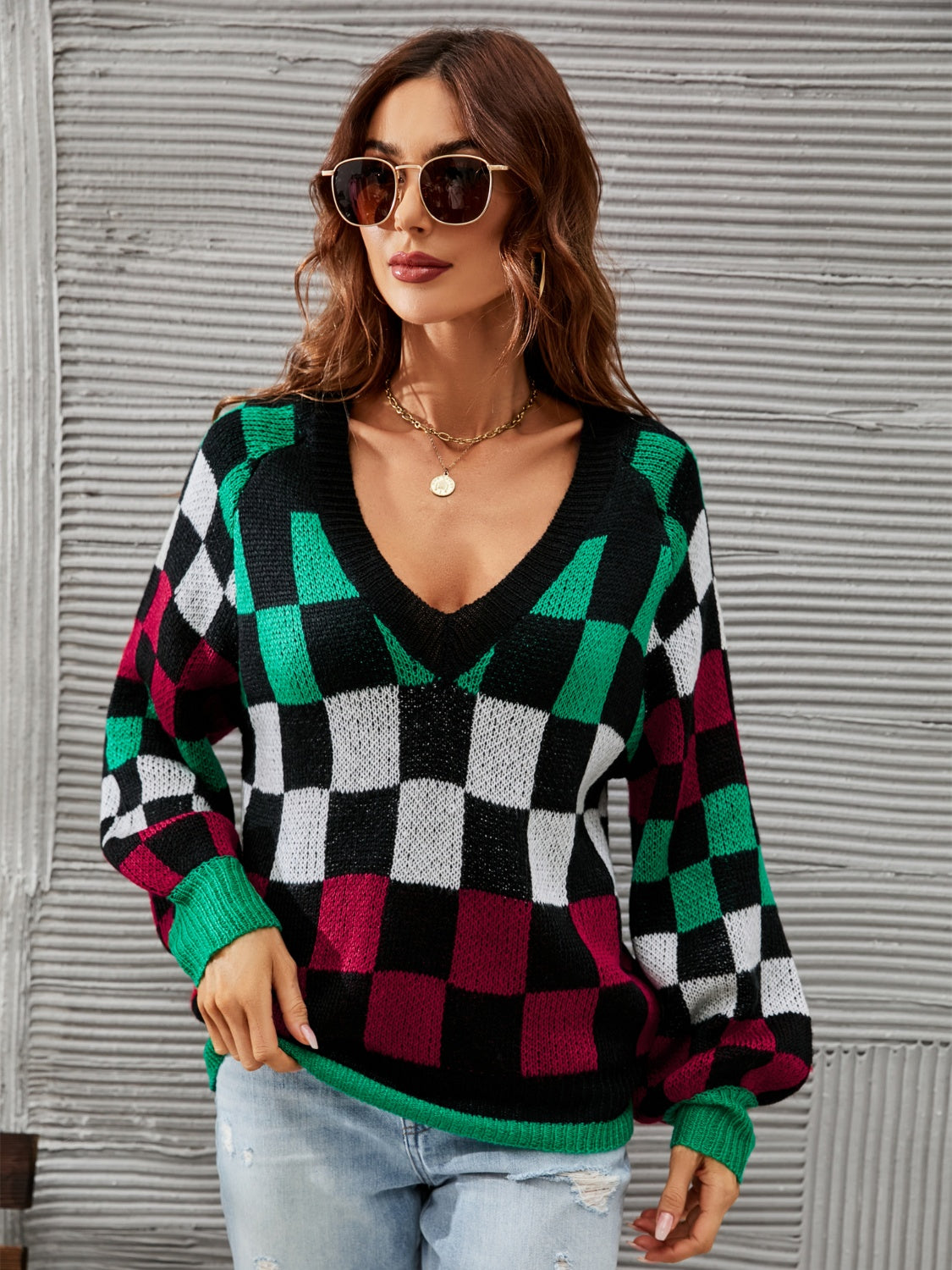 Angel Wings Checkered V-Neck Lantern Sleeve Sweater