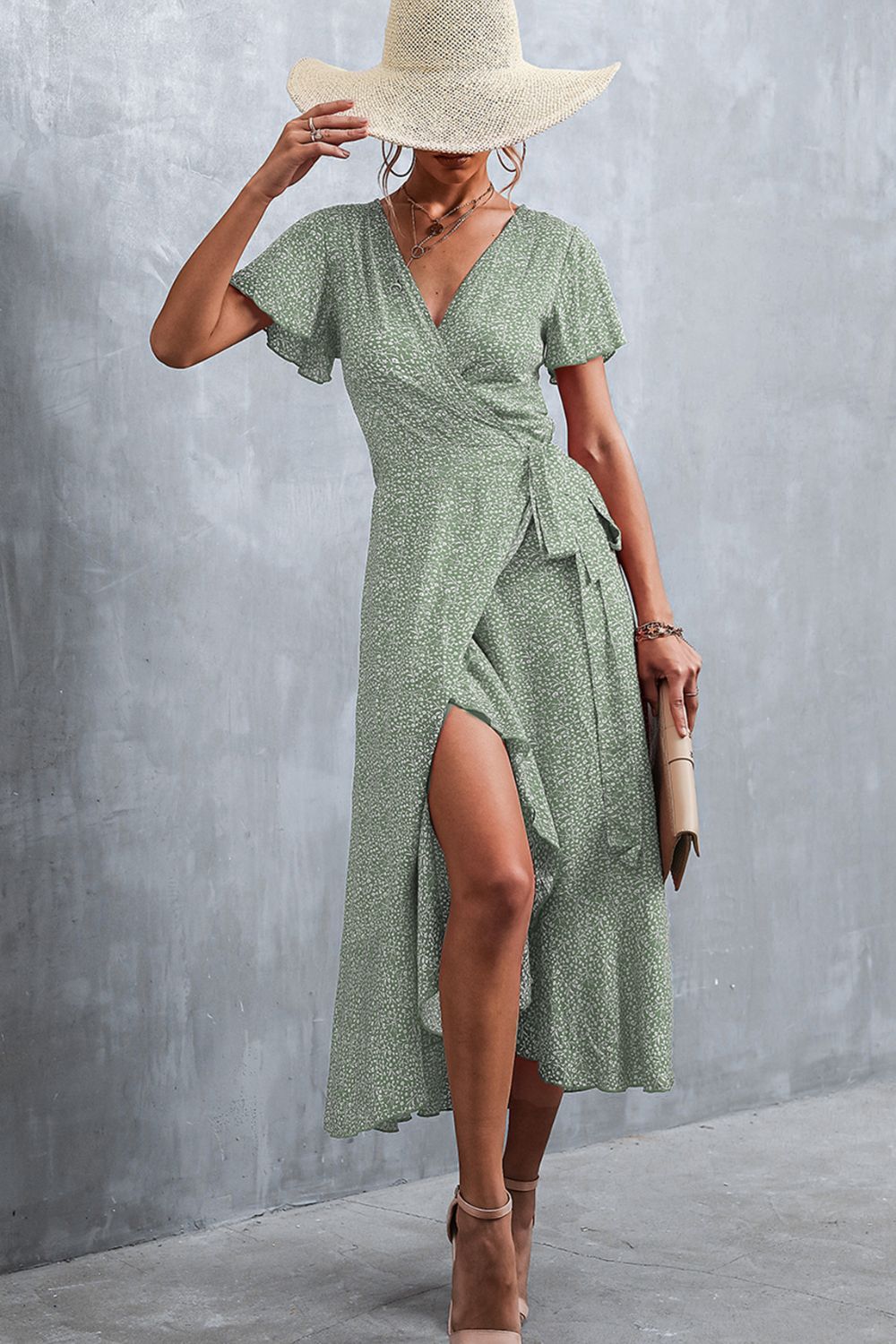 Floral Surplice Neck Tied Midi Dress