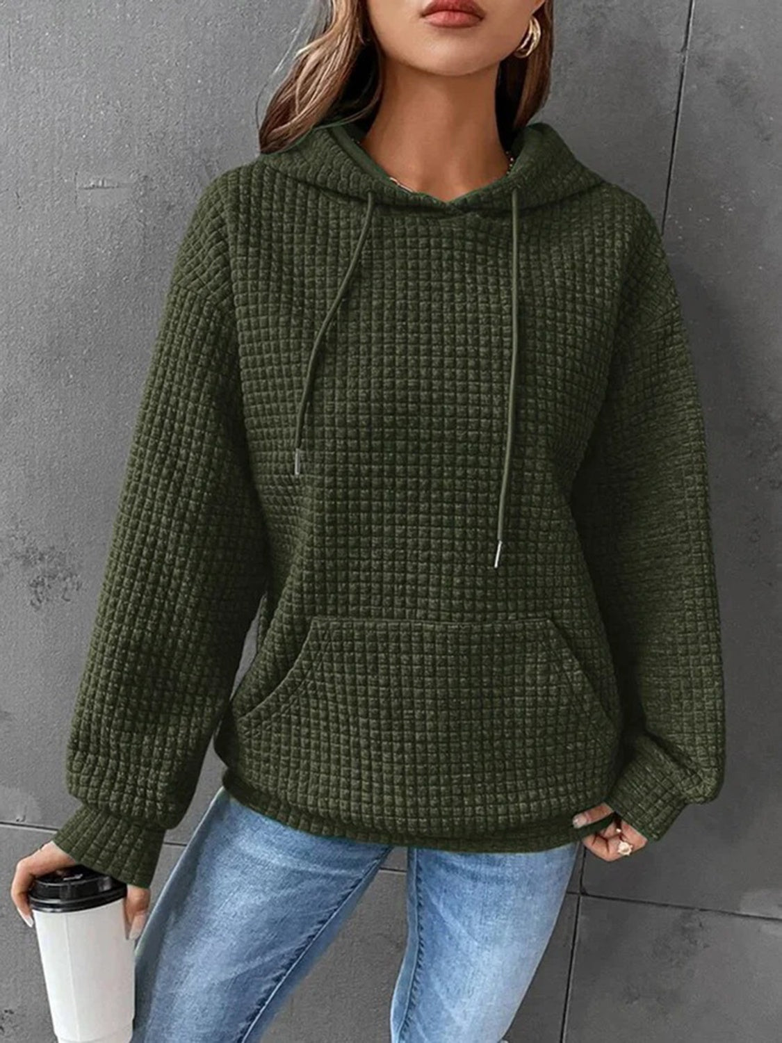 Textured Drawstring Drop Shoulder Hoodie