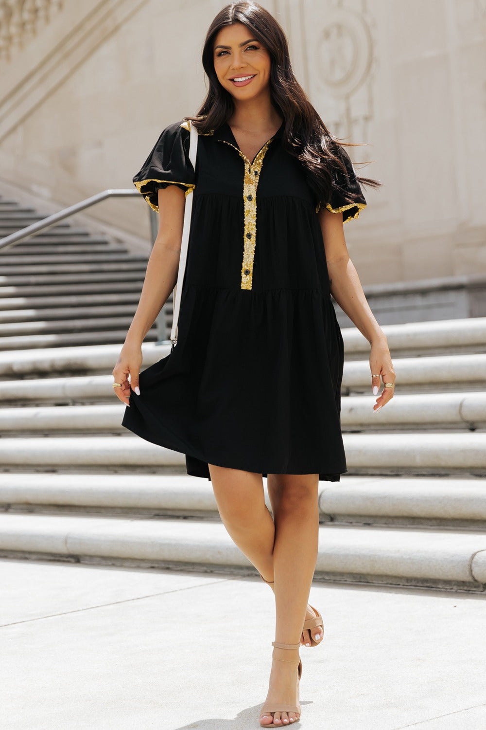 Sequin Half Button Short Sleeve Dress