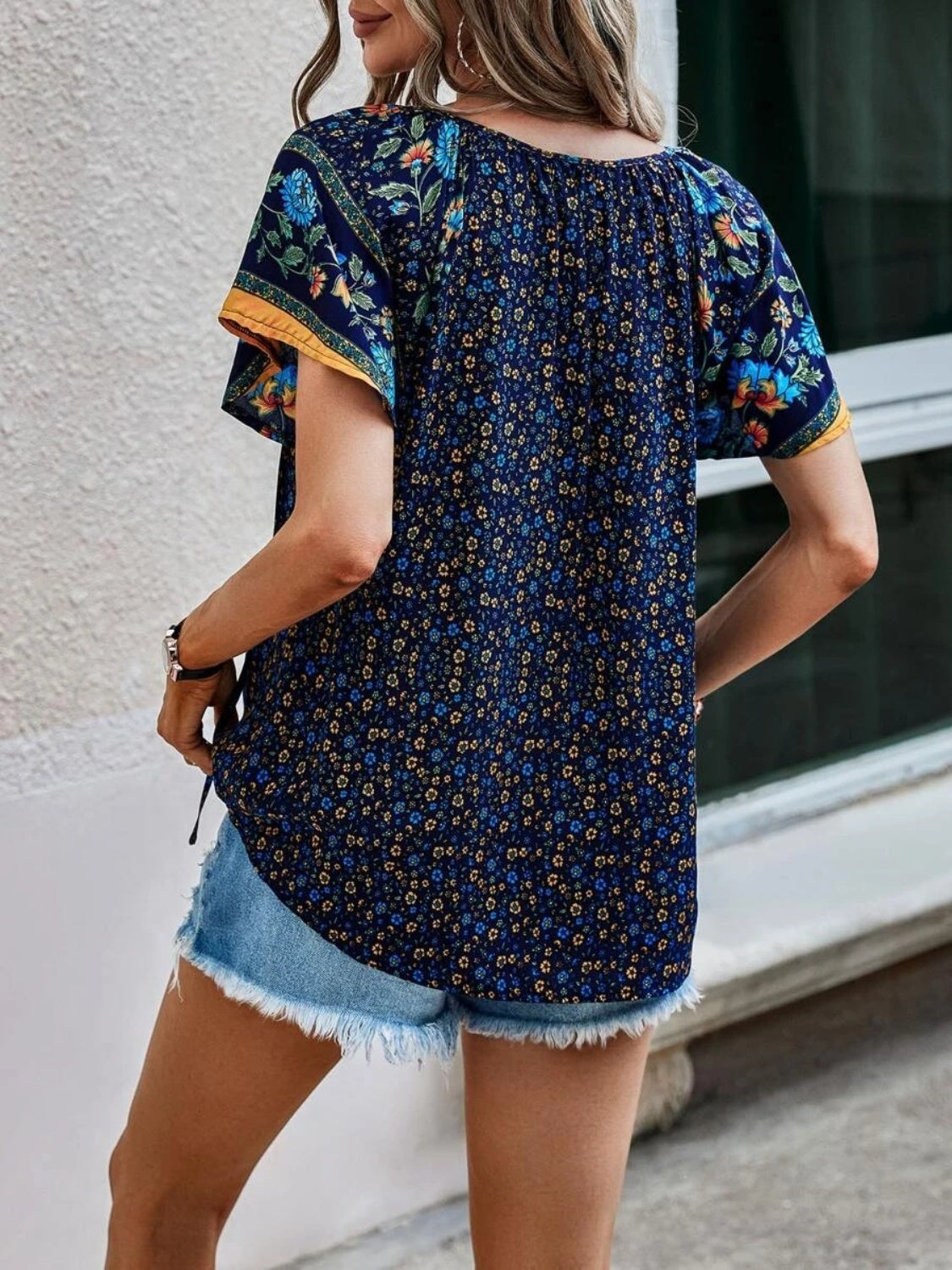 Printed Tie Neck Short Sleeve Blouse