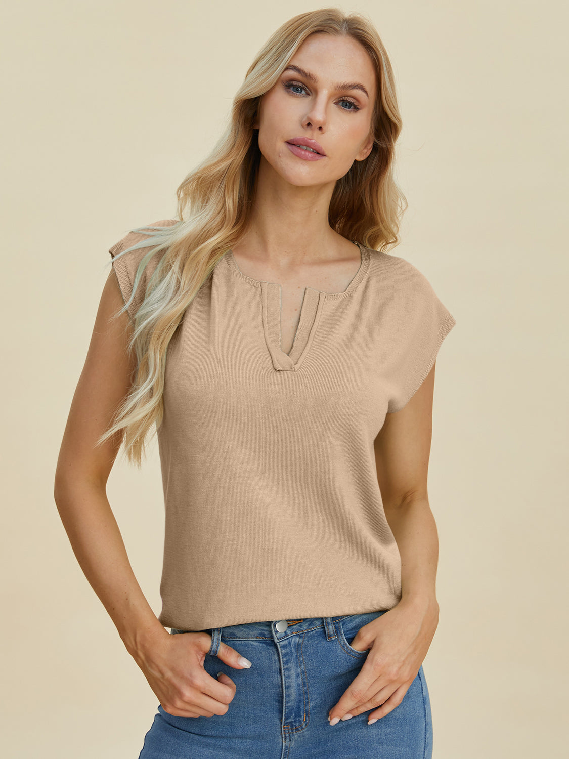 Double Take Full Size Notched Cap Sleeve Knit Top