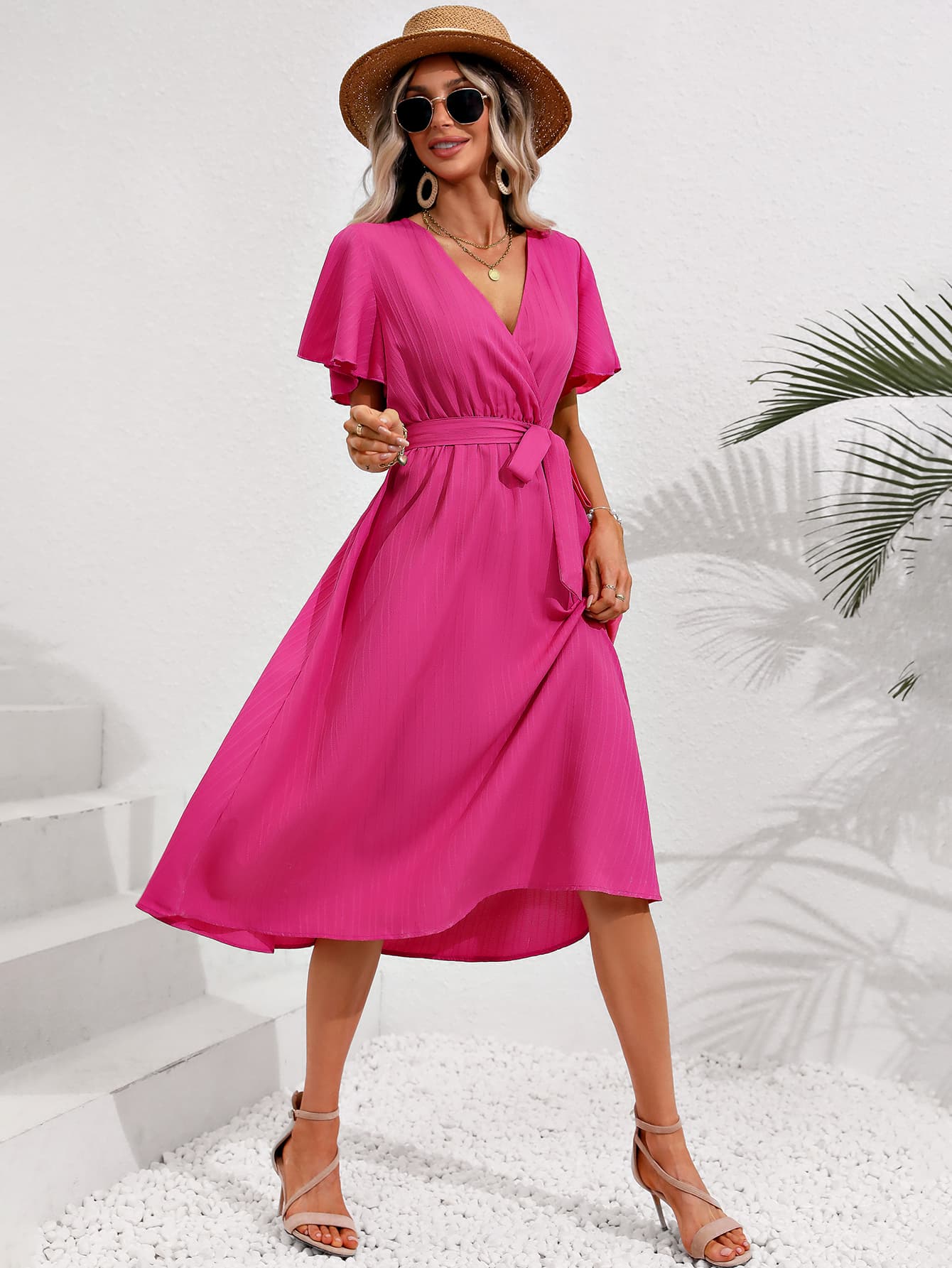 Honey Surplice Neck Tie Belt Midi Dress