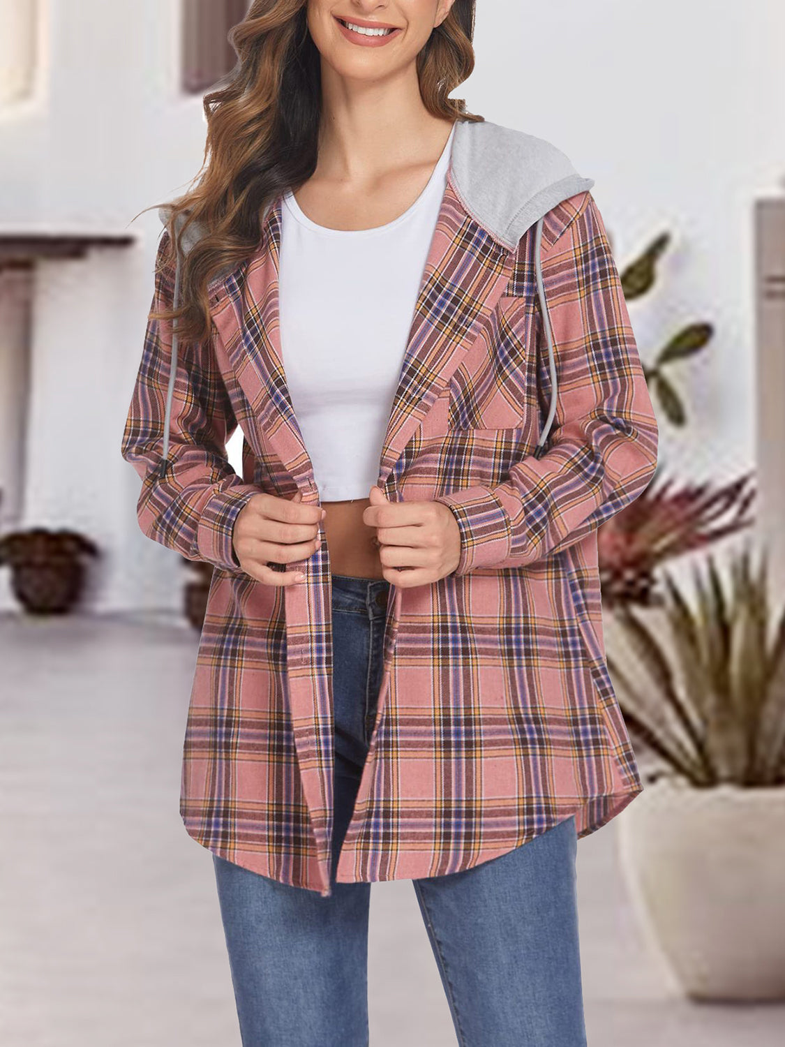 Plaid Drawstring Button Up Hooded Jacket