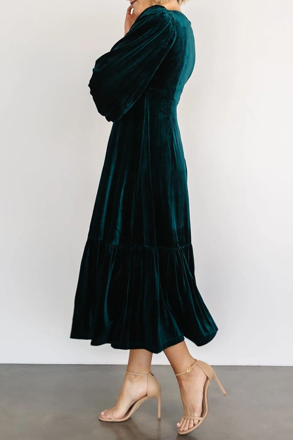 V-Neck Long Sleeve Midi Velvet Dress