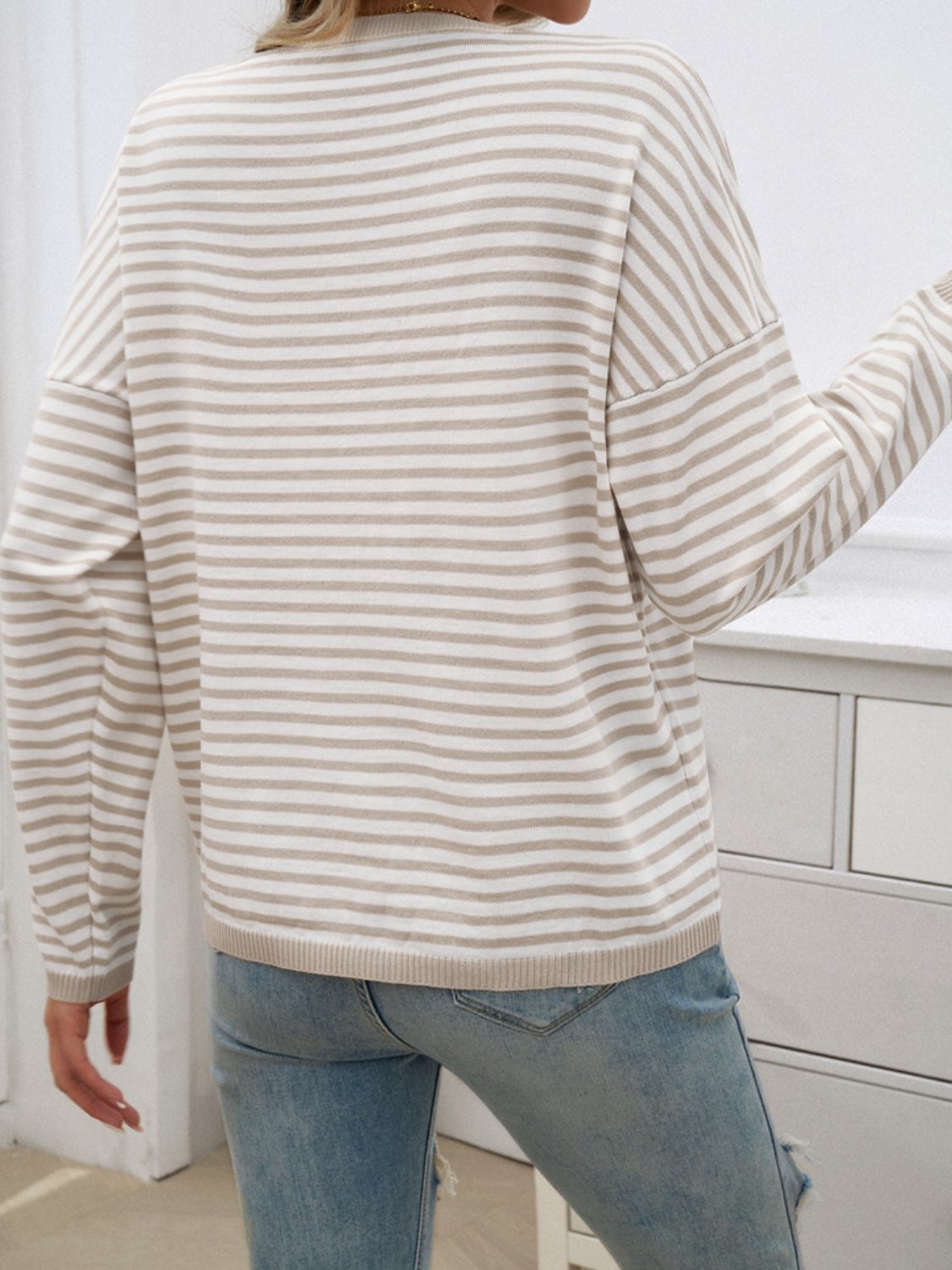 Devine Striped Round Neck Dropped Shoulder Sweater