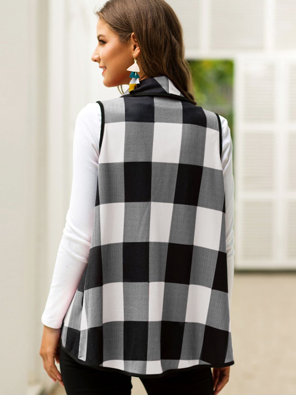 Shiny Plaid Open Front Sleeveless Cardigan