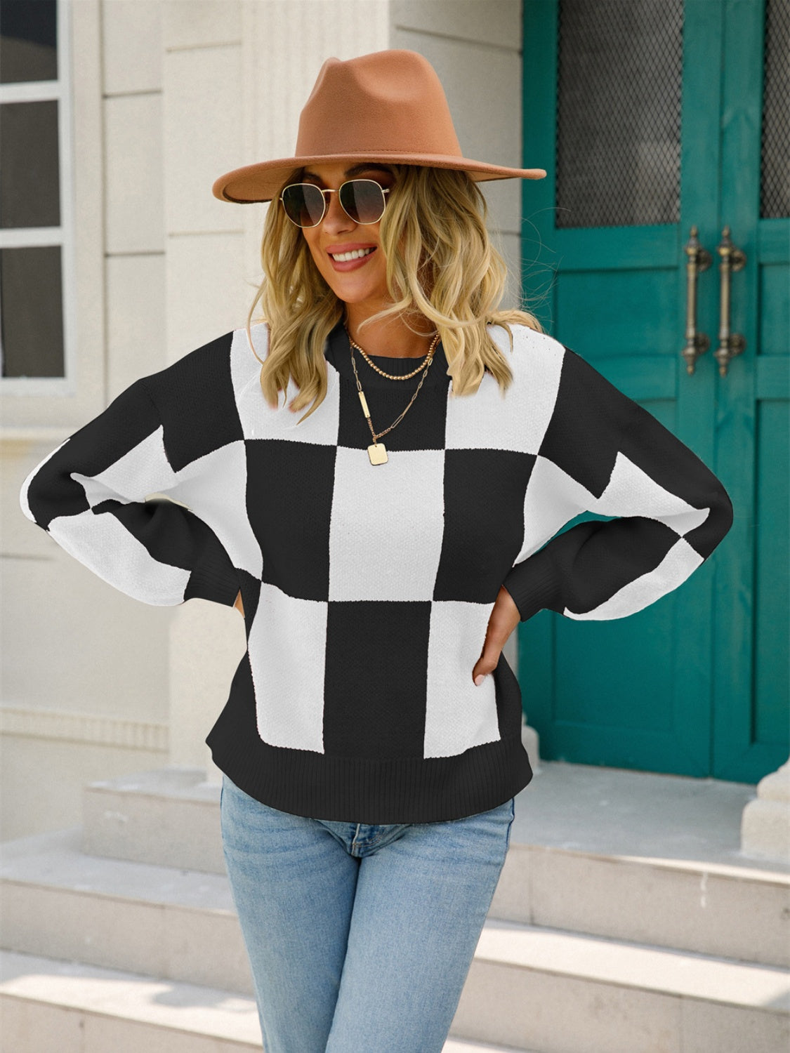 Angel Wings Checkered Round Neck Dropped Shoulder Sweater