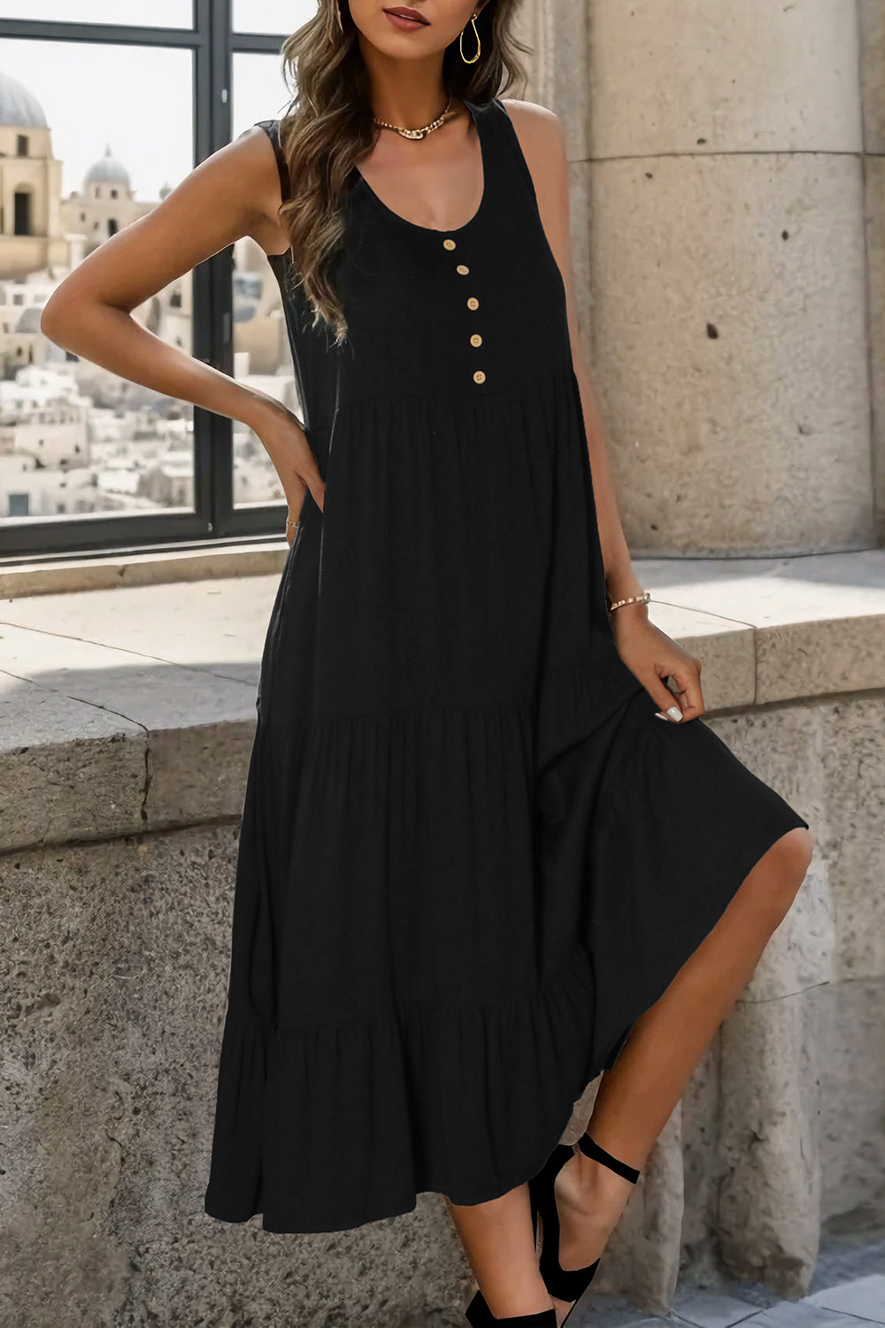 Perfee Decorative Button Tiered Tank Dress