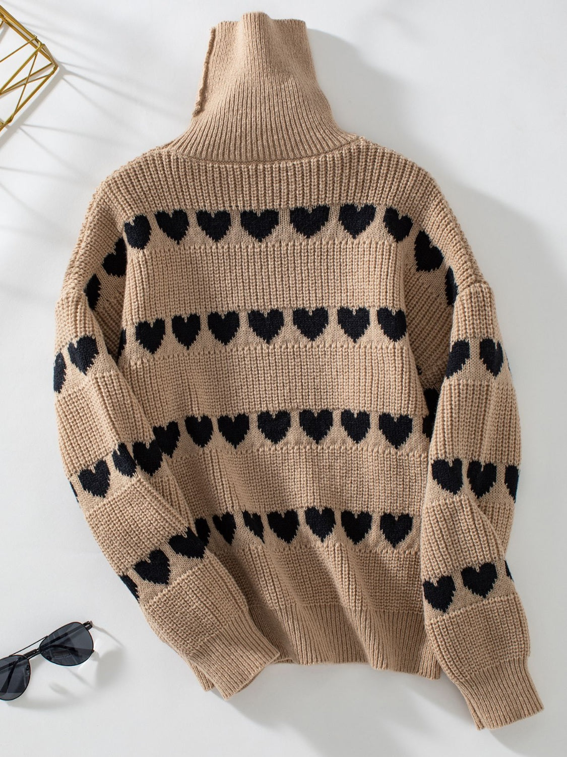 Heart Turtleneck Dropped Shoulder Sweater