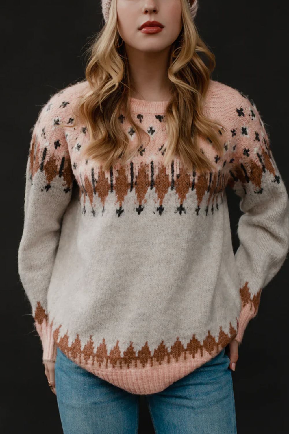 Geometric Contrast Round Neck Long Sleeve Sweater