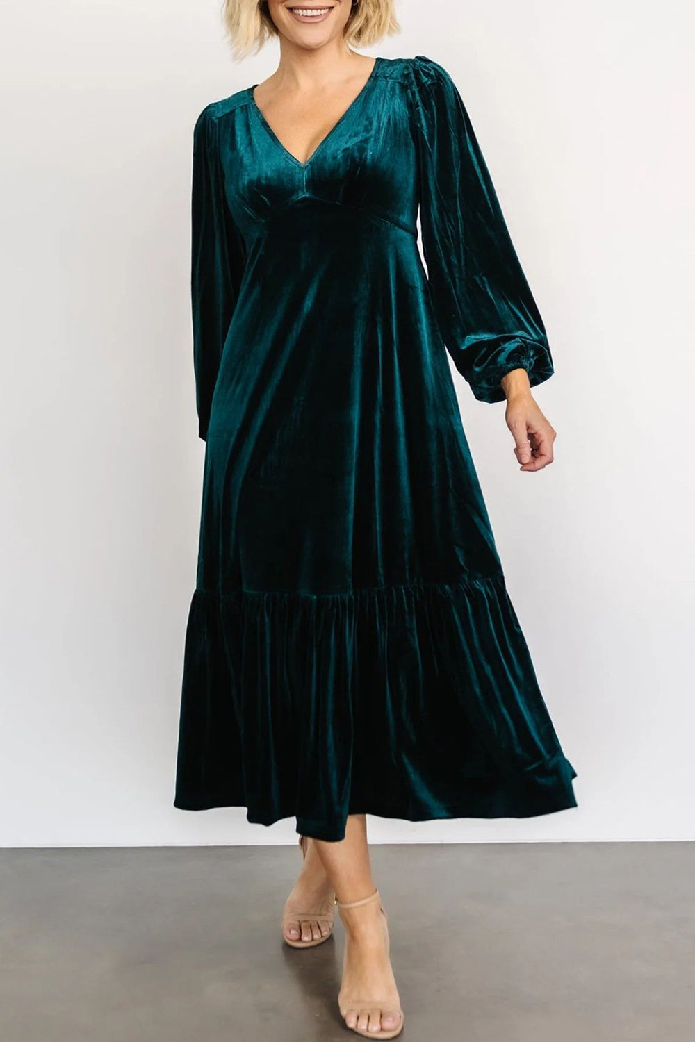 V-Neck Long Sleeve Midi Velvet Dress