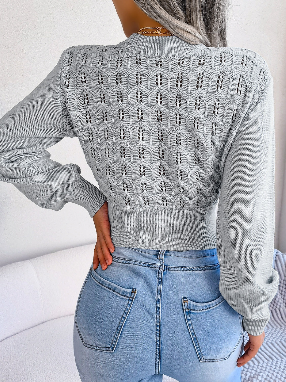 Openwork Mock Neck Long Sleeve Cropped Sweater