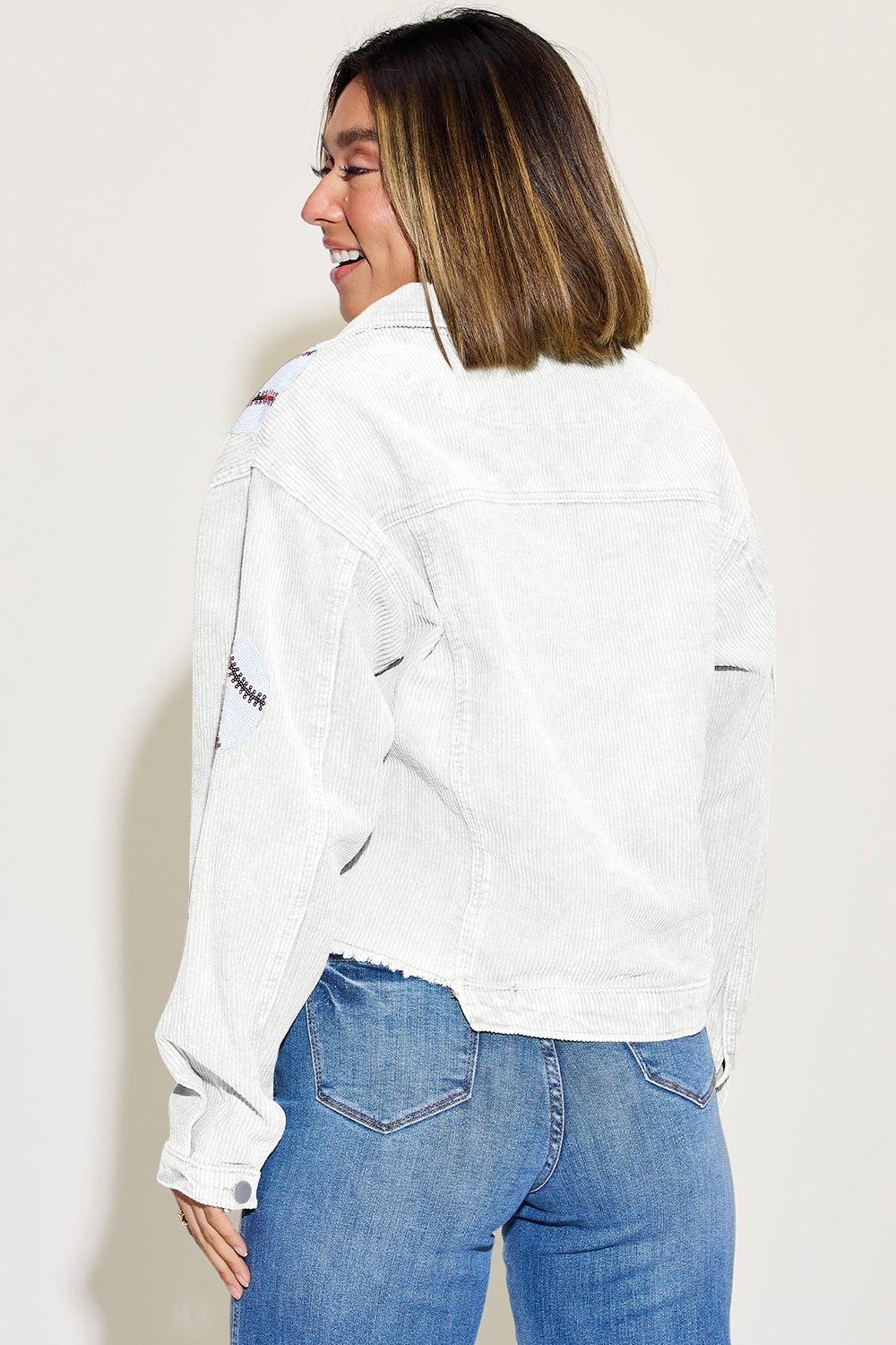 Baseball Sequin Dropped Shoulder Raw Hem Jacket