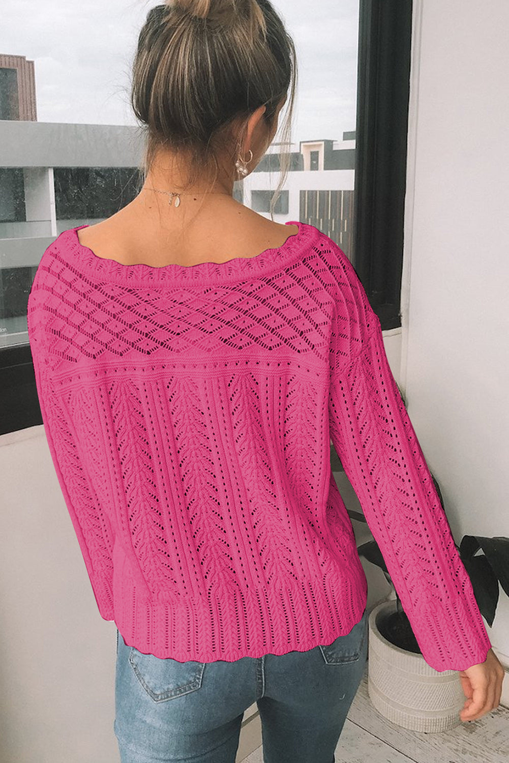 Openwork Round Neck Long Sleeve Knit Top