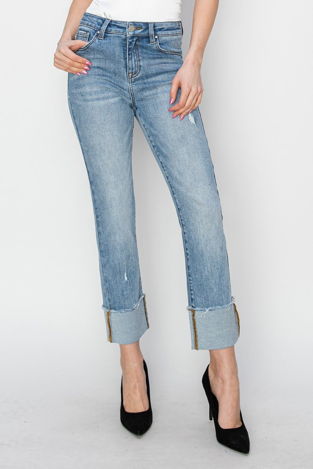 RISEN Full Size High Rise Cuffed Slim Straight Jeans