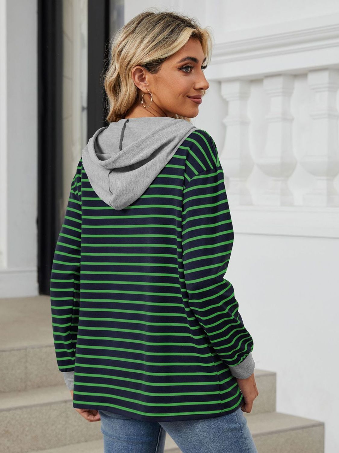 Drawstring Striped Long Sleeve Hoodie