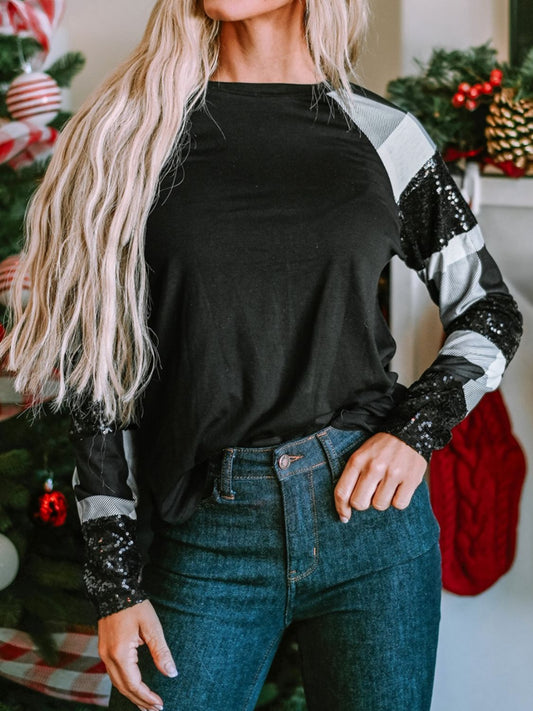 Plaid Sequin Long Sleeve Round Neck T-Shirt