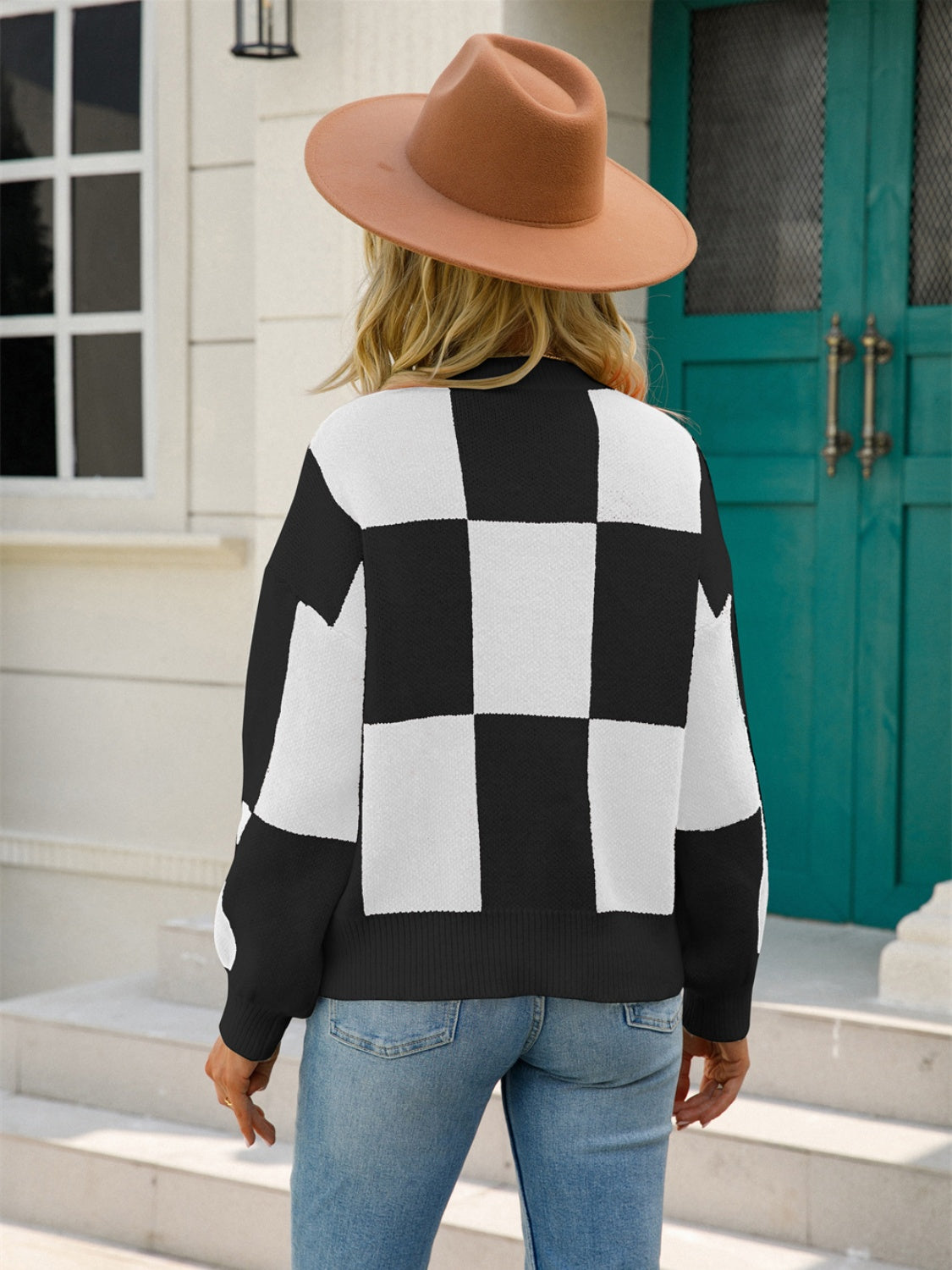 Angel Wings Checkered Round Neck Dropped Shoulder Sweater