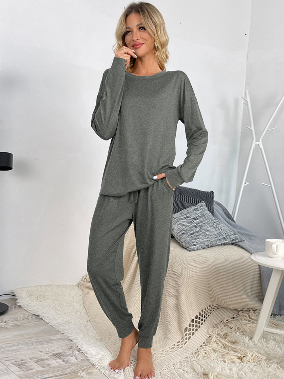 Shiny Round Neck Top and Drawstring Pants Lounge Set