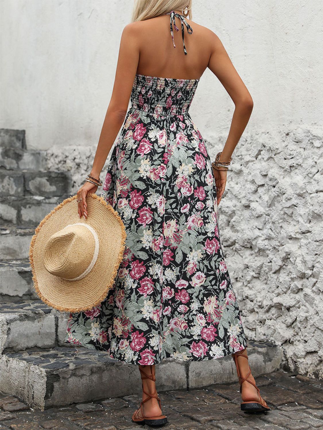 Perfee Smocked Printed Halter Neck Midi Dress