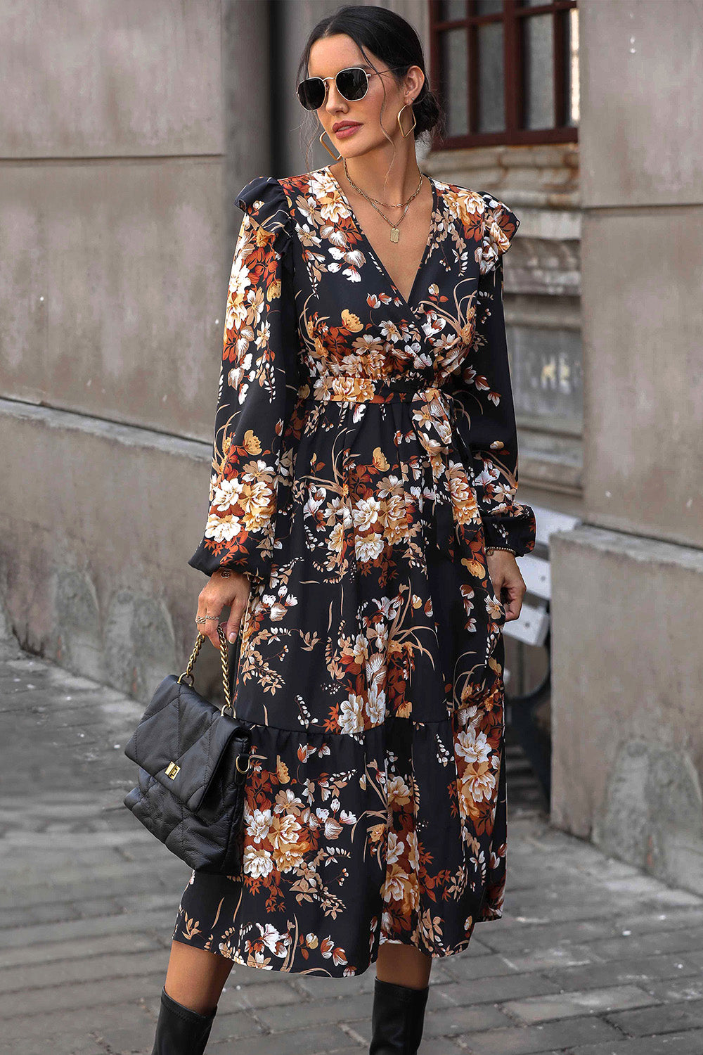 Perfee Floral Surplice Tie Front Ruffle Hem Midi Dress