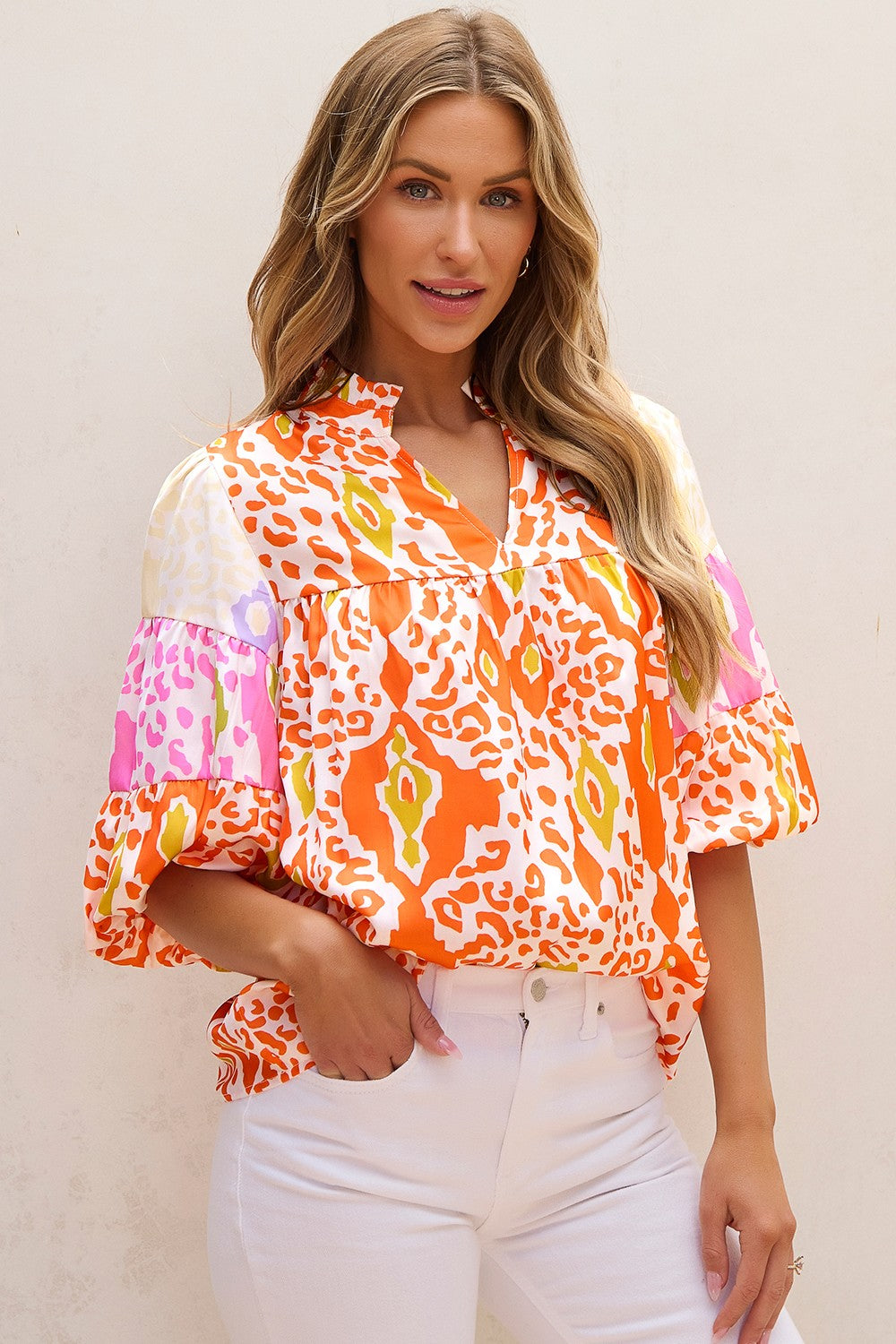 Printed Notched Half Sleeve Blouse