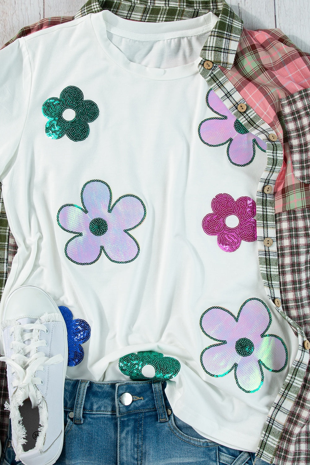 Flower Round Neck Short Sleeve T-Shirt