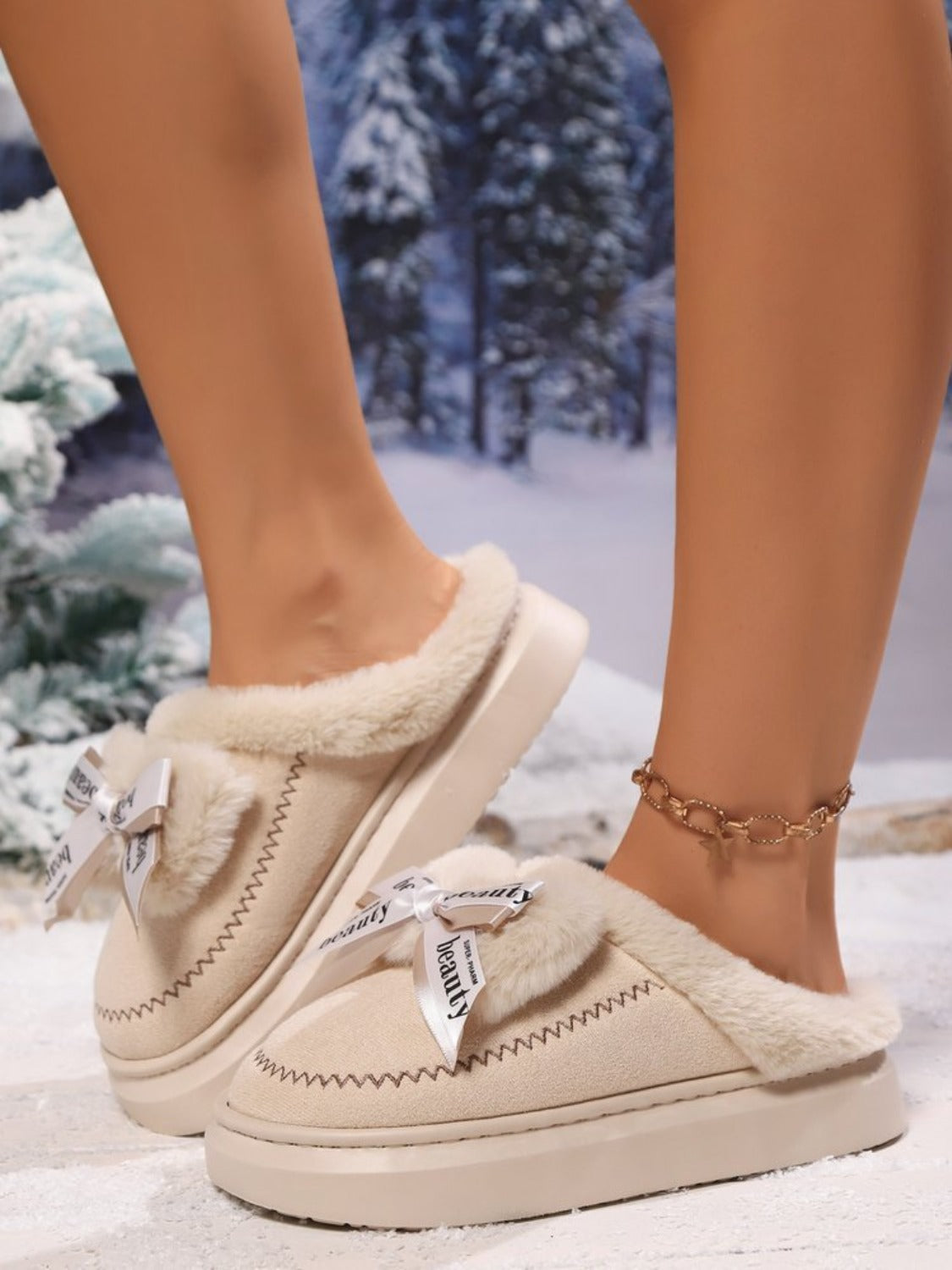 Bow Suede Platform Plush Slippers