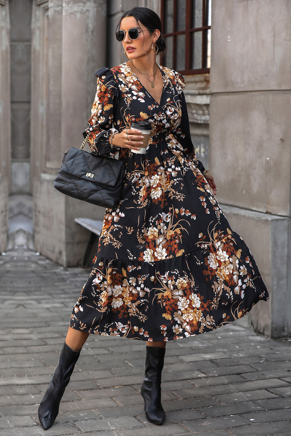 Perfee Floral Surplice Tie Front Ruffle Hem Midi Dress