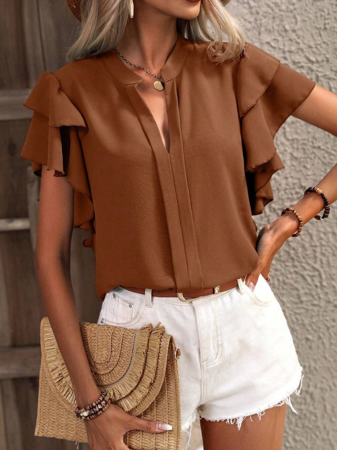 Ruffled Notched Short Sleeve Blouse